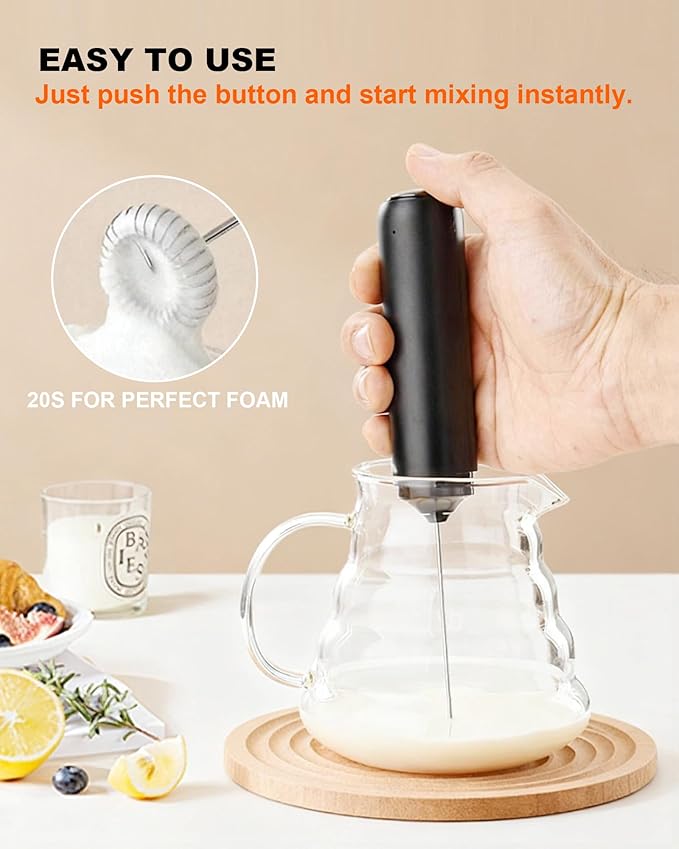 Rechargeable Milk Frother Handheld with Cover, Electric Drink Mixer with Stainless Steel Whisk - Portable Hand Frother Wand for Matcha Latte Cappuccino & Hot Chocolate, Single Speed