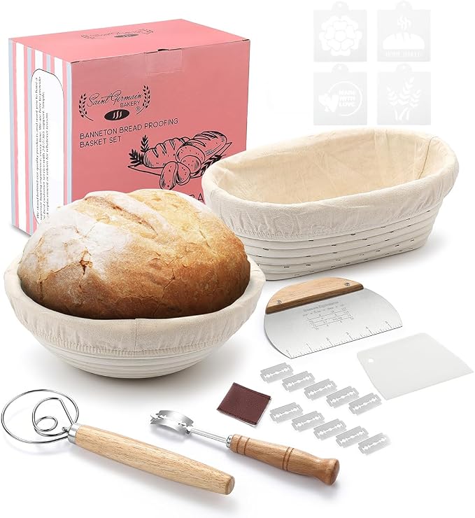 Saint Germain Bakery Premium Round Bread Banneton Basket with Liner - Perfect Brotform Proofing Basket for Making Beautiful Bread - (9 in. Round/10 in. Oval)