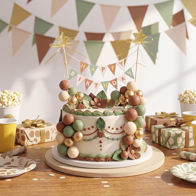 21 Pcs Happy Birthday Cake Topper Cake Bunting Topper Banner with Wood Pole Rainbow Garland with Bow Ribbon Balloon, Mini Cupcake Decor for Birthday Baby Shower (Brown,Gold,Green,Apricot)