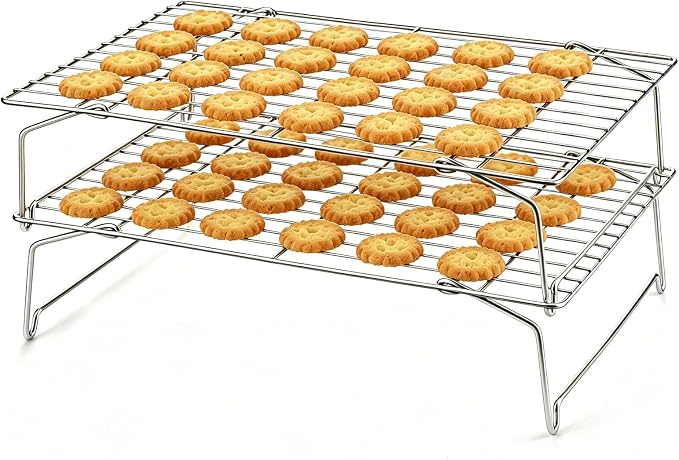 LIANYU Cooling Rack 15"x10" 2 Pack, 2-Tier Stackable & Collapsible Stainless Steel Baking Wire Racks for Cooking, Baking, Roasting and Drying, Oven & Dishwasher Safe, Silver