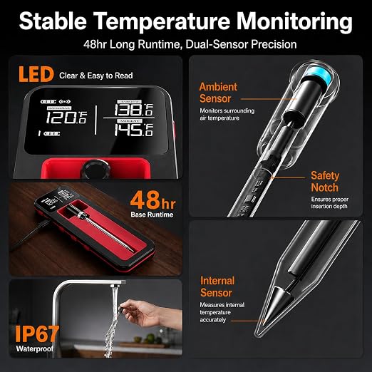 Smart Wireless Meat Thermometer IP67 Ultra-Thin Probe ±0.5℉ Accuracy Bluetooth 230ft Real-Time Monitoring & Smart Alerts with APP Standalone Display Base for BBQ, Oven, Kitchen,Grill,Smoker