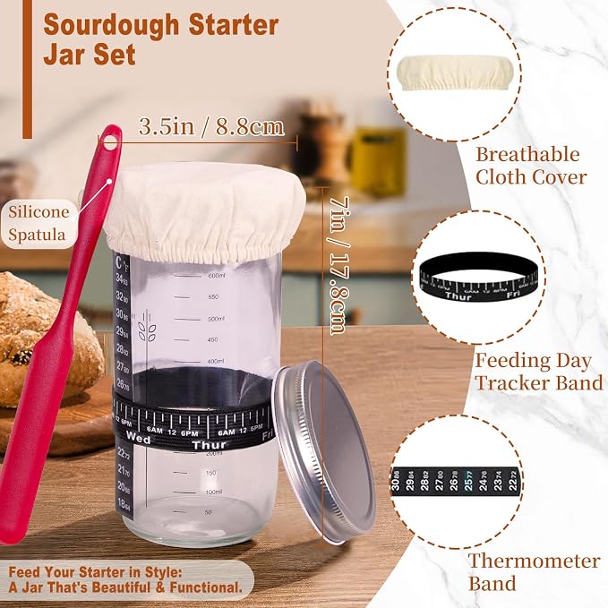 Sourdough Starter Kit with Banneton Bread Proofing Basket, 9” Round Banneton with Liner, 24 oz Starter Jar, Bread Lame, Dough Whisk & Sourdough Baking Supplies