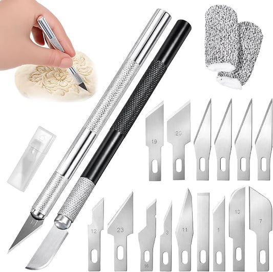Premium Bread Lame Kit, 2 Professional Sourdough Scoring Tool with 15 Different Shapes Replaceable Blades, 2 Finger Sleeves, Safety Cover Stainless Steel Dough Scoring Knife for Home Baking, Handmade