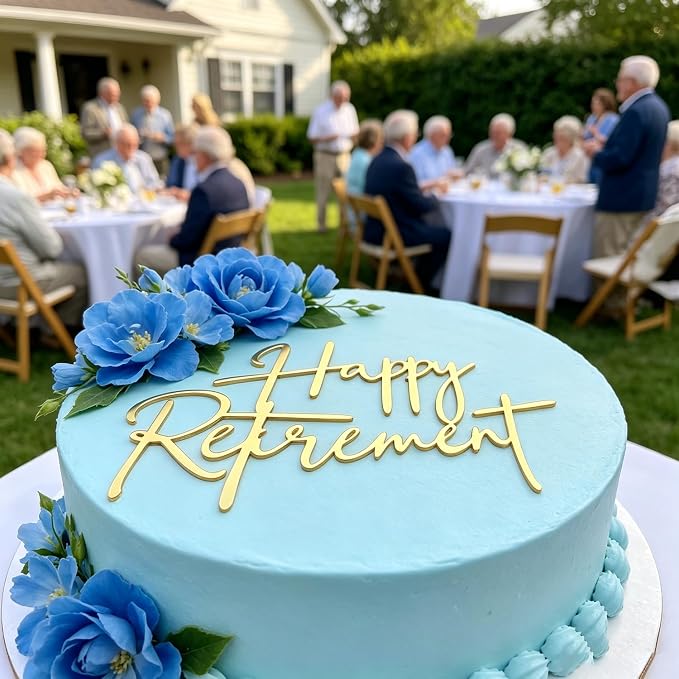 Happy Retirement Cake Topper, Gold Acrylic Officially Retired Cake Topper Cake Charm Decor, No Work Zone, Retirement Theme Party Cake Decoration Supplies for Women or Men, 5.1x4.0 Inches