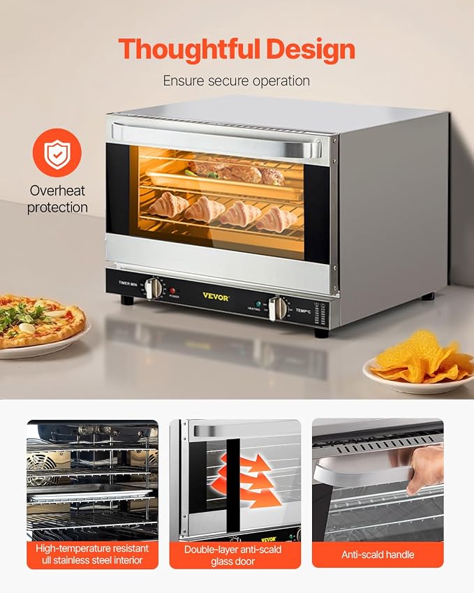 VEVOR Commercial Convection Oven, 21L/19Qt, Quarter-Size Conventional Oven Countertop, 1440W 3-Tier Toaster w/Front Glass Door, Electric Baking Oven w/Trays Wire Racks Clip Gloves, 120V