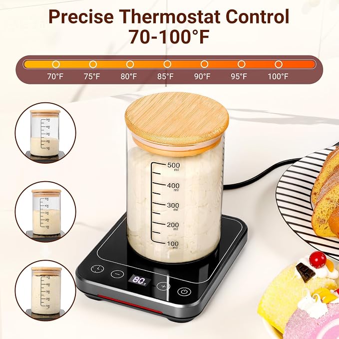 Sourdough Starter Warmer Mat, Sourdough Heating Mat for 24–40oz Jars, Precise 1°F Thermostat Control (70-100°F) Sourdough Warmer, 0-12 Hour Timer, Auto Shut-Off, Ideal for Home Baking