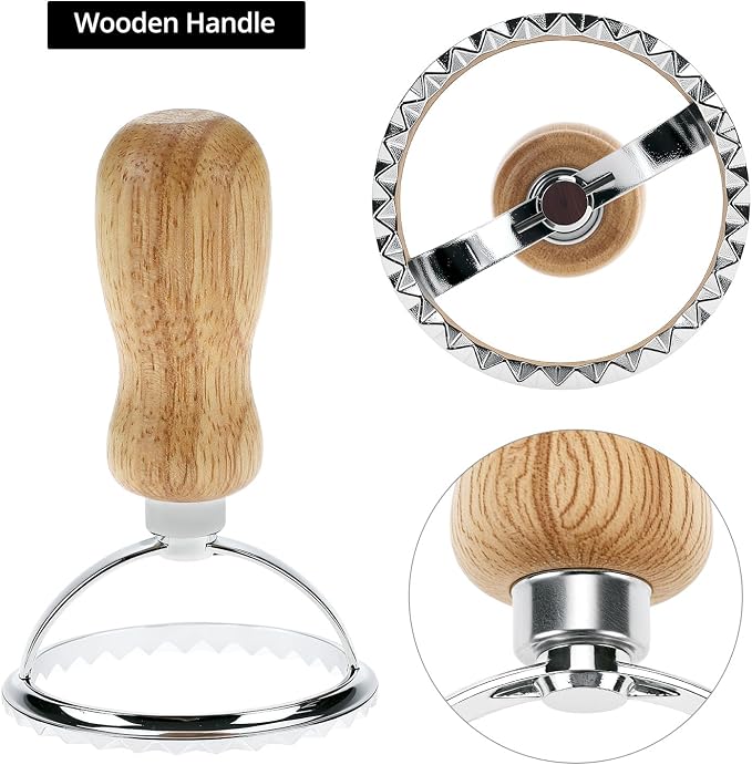 QWORK Ravioli Stamp Maker Cutter with Roller Wheel Set – Wood Handle, Sturdy Aluminum Frame, Precise Fluted Edges – Perfect for Ravioli, Pasta, Cookies