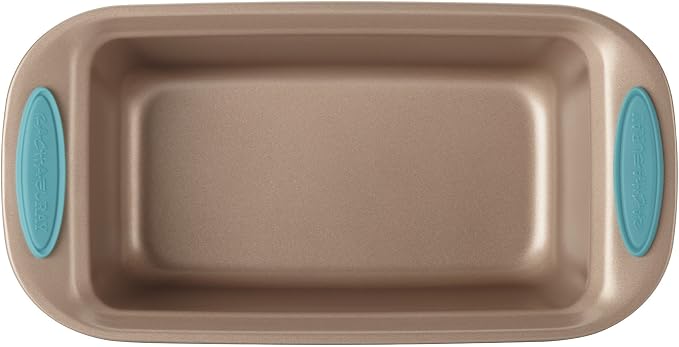 Rachael Ray Cucina Bakeware Oven Lovin' Nonstick Loaf Pan, 9-Inch by 5-Inch Steel Pan, Latte Brown with Agave Blue Handles