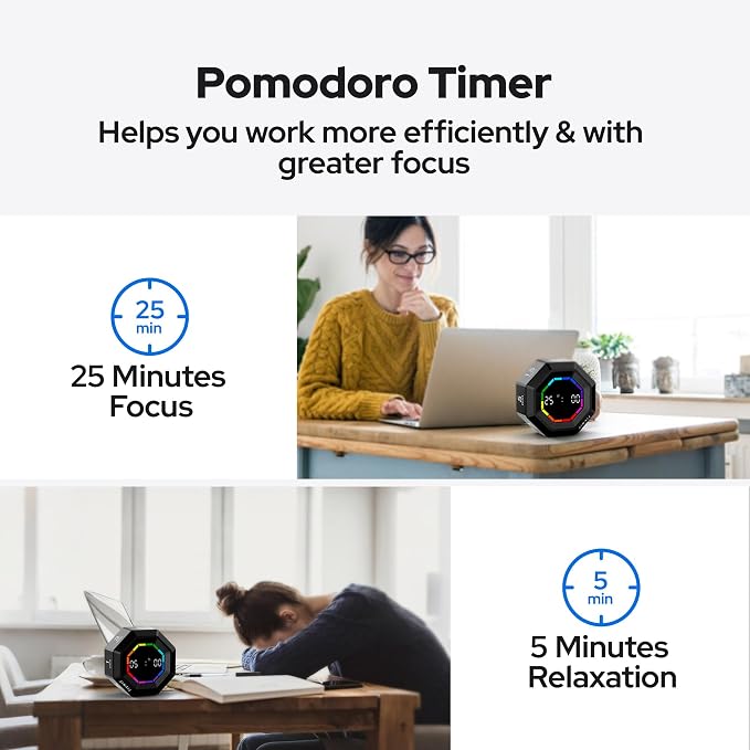 Visual Timer for Kids Kitchen Timer Pomodoro Magnetic Visual Countdown | Smart Gravity Sensing Timer with Large Display Loud Alarm for Study Cooking Classroom Homework Time Management