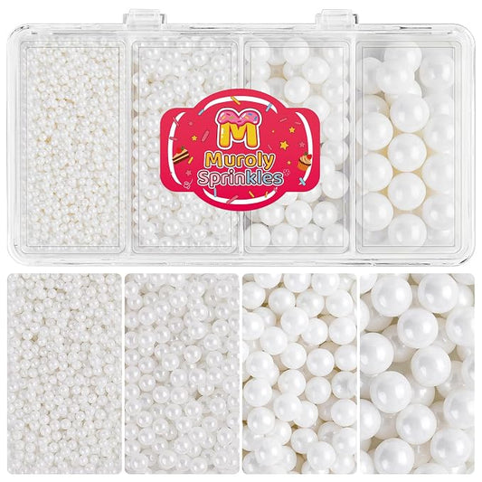 White Sprinkles Edible Pearls for Cake Decorating, 4 Sizes White Pearl Sprinkles for Cupcakes Ice Cream Dessert 4.6oz