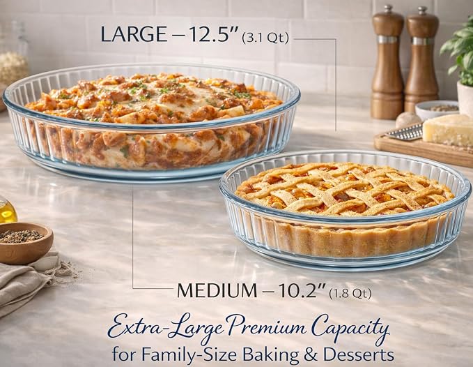 2-Piece Ums Round Glass Baking Dishes for Oven, Round Baking Dish, Glass Casserole Dish, Glass Pie Pan, Borosilicate Glass Cookware, Microwave and Dishwasher Safe Clear Bakeware, 12.5" & 10.2" Sizes