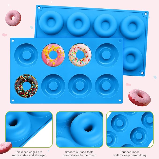 2er Pack Silicone Donut Mold - Non-Stick Silicone Doughnut Pan DIY Chocolate Baking Cookie Molds, Heat Resistant, Make Donut Cake Biscuit Bagels, BPA Free Dishwasher Safe (blue, 8 Cavities)