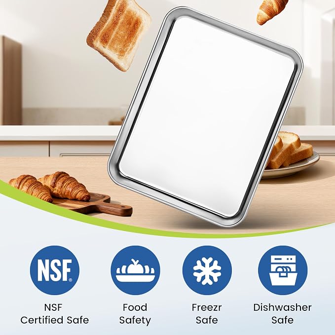 BIEAMA 12 Pack Stainless Steel Toaster Oven Baking Sheets, 10.5 x 8 in | Stainless steel pans with no chemical coating, mirror-polished finish and rolled edges; dishwasher safe, oven safe to 500°F.
