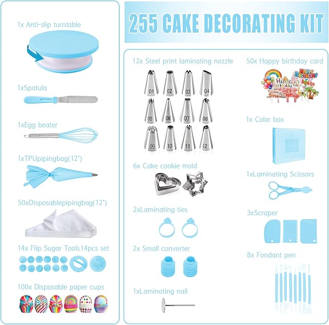 Cake Decorating Supplies Kit Tools 255pcs, Cake Decorating Set with Cake Turntable, 12 Numbered Icing Piping Tips, Cookie Cutters, Icing Smoother & Other Accessories for Cake Decoration (255, Blue)