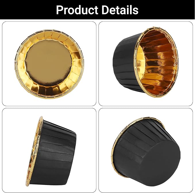 EUSOAR Baking Cups, 200pcs 3.5oz Aluminum Muffin Cupcake Liners Mini Cheesecakes Cups, Disposable Ramekins Foil Dessert Wrappers Paper Cupcake Liners Holder for Birthday Wedding Party-Black/Gold