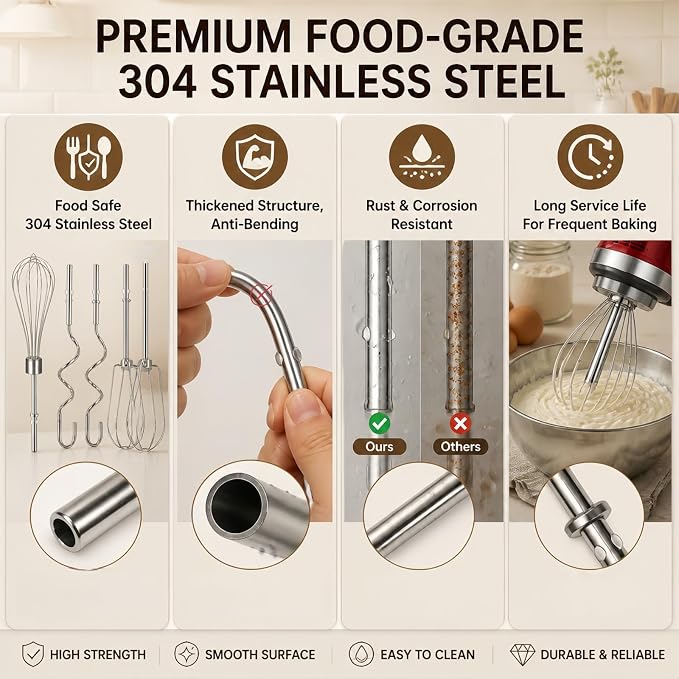 Hand Mixer Beaters Attachments for KitchenAid KHM Series, Stainless Steel Turbo Beater, Pro Whisk, Dough Hooks & Blending Rod Replacement Parts Compatible with KHM512 KHM926 KHM7210 KHM6118 (C (6PC))