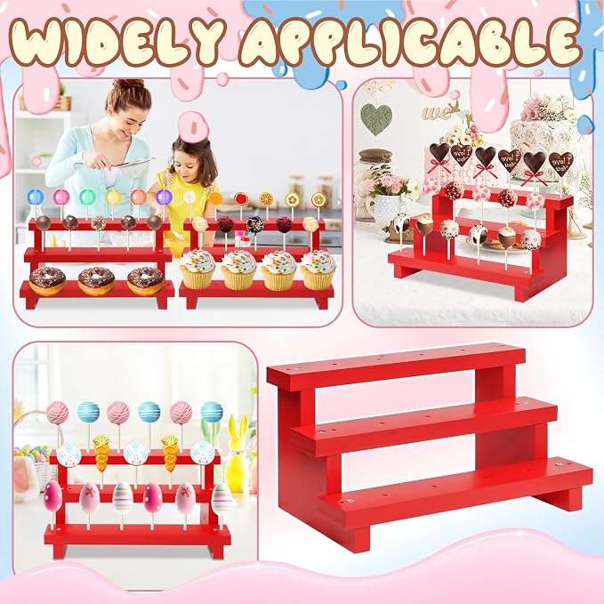 Wood Cake Pop Stands, 3 Tier Lollipop Holders with Twist Ties Lollipop Sticks, Sucker Display Riser for Dessert Table of Wedding Birthday Party (Red-2P-17 Hole)