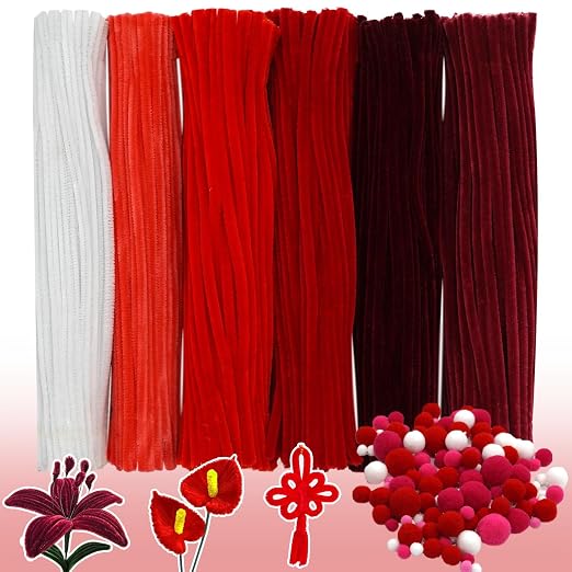 600pcs Red Pipe Cleaners Bulk and 300pcs Pompoms - Fluffy Fuzzy Wire, Pastel Pom Poms Chenille Stems for Arts & Crafts, Ideal for Making Flowers Animal Thanksgiving Christmas Party Supplies