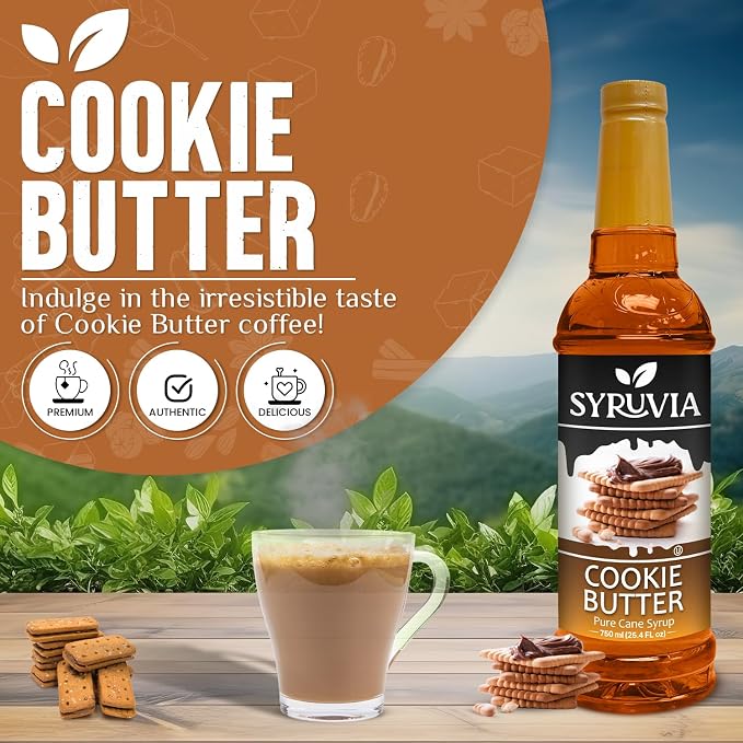 Syruvia Coffee Syrup, Cookie Butter Flavored Syrup for Drinks, Lattes, and Desserts – 25.4 fl oz - with Pump