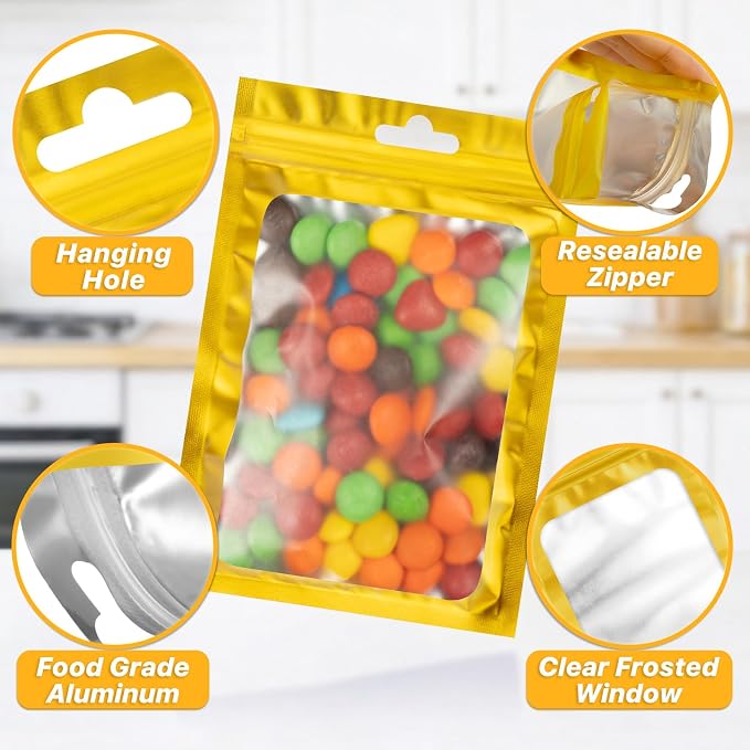 100 PCS Resealable Mylar Bags with Zipper and Frosted Clear Window Smell Proof Packaging Bags Foil Pouch Zipper Bag for Food Self Sealing Storage Supplies (Golden, 6.29x9.44)