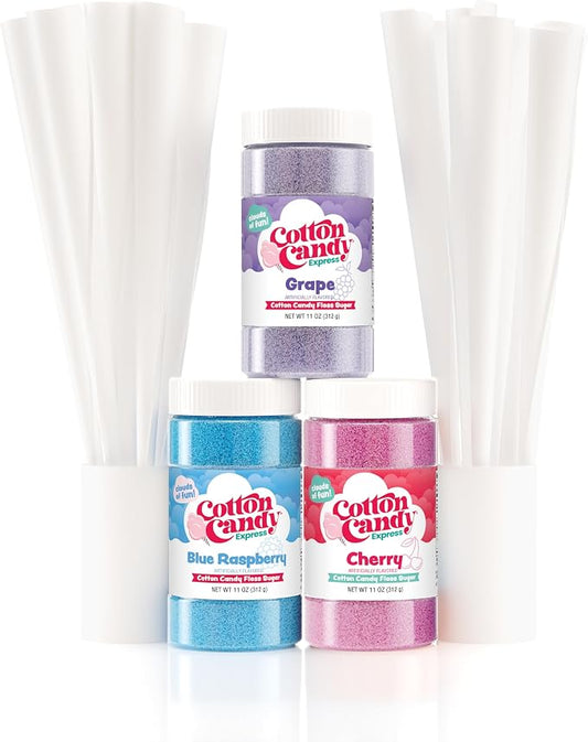 Cotton Candy Express Floss Sugar Variety Pack with 3 - 11oz Plastic Jars of Cherry, Blue Raspberry & Grape Flossing Sugars Plus 50 Paper Cotton Candy Cones