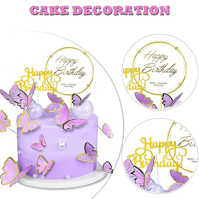 60Pcs Butterfly Cupcake Topper Purple Gold, Lively 3D Butterflies with 2Pcs Happy Birthday Topper for Cake Decor Birthday Anniversary Kids Wedding Girl Women Party Wall Food Decorations,Mixed Size