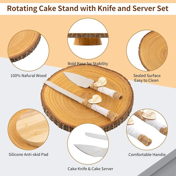 11.5"-12.5" Wood Cake Stand with Cake Cutting Set (Knife and Server) - Rustic Wooden Cake Holder for Decorating, Party, Wedding, Baby Showers, Reception, Event - Ideal Baking Gift & Home Decor
