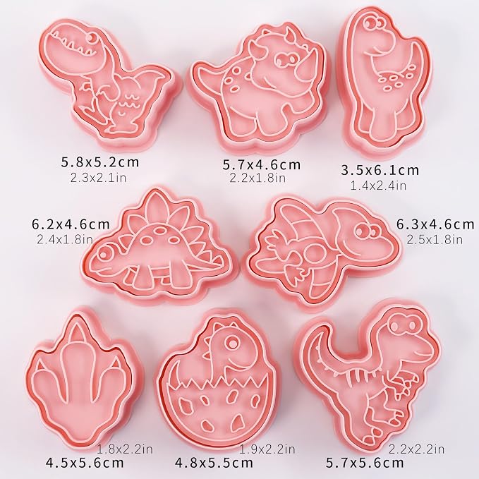 Mini Dino Cookie Cutters with Cookie Stamps 8 Pcs Small Baking Supplies for Kids Dinosaur Theme Birthday Party (Dinosaur C)