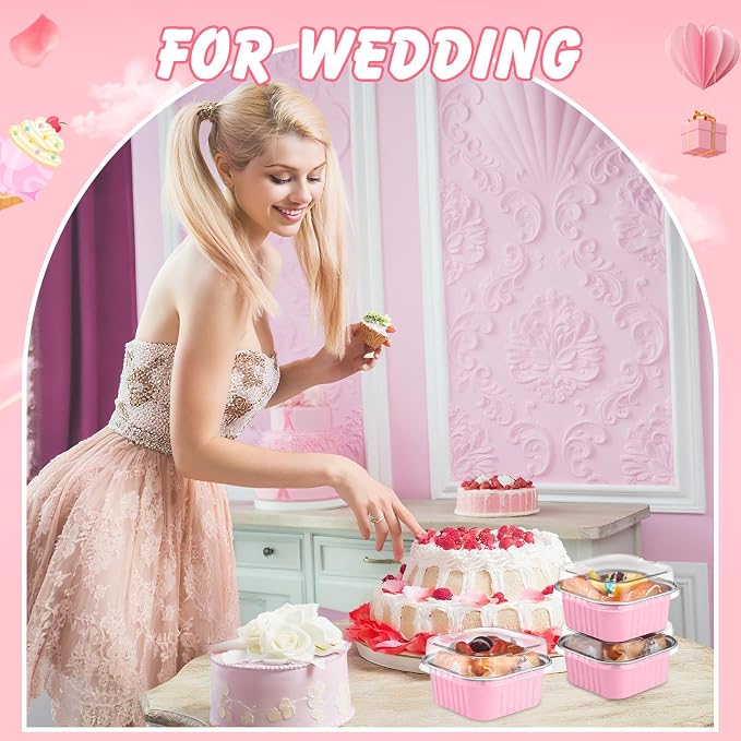200 Pack 5 oz Mini Cake Pans with Lid, Aluminum Foil Mini Baking Tins, Square Disposable Cupcake Baking Cup Dessert Container for Wedding Birthday Party Picnic(Pink,Classic)