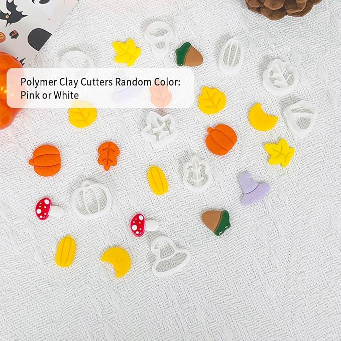 Xaekicr 9PCS Fall Theme Polymer Clay Cutters for Earrings – Autumn Leaves, Pumpkin, Acorn, Witch Hat Clay Cutters – Polymer Clay Molds & Tools for Jewelry Making