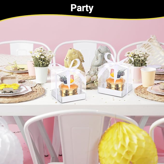 EUSOAR Cupcakes Boxes, 3.5 Inch 24 Packs Muffins Gift Wrappers individual Cupcake Containers with Ribbon, Clear Dessert Pastry Holder Disposable Cookies Carrier for Wedding Party Favor Bakery-Silver
