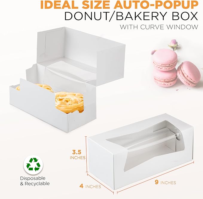 Fit Meal Prep 25 Pack 9 x 4 x 3.5 Inches White Bakery Boxes with Window, Auto-Popup Cardboard Gift Packaging and Baking Containers, Cupcake, Cookie and Loaf Bread Boxes