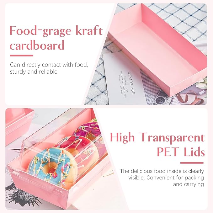 ZORRITA Paper Charcuterie Boxes with Clear Lids, 100 Pack, Pink | 7.5x3.3 Inch, Small, To Go Food Containers, For Desserts, Treats, Cookies, Sandwich, Pastry, Strawberries and Cupcakes