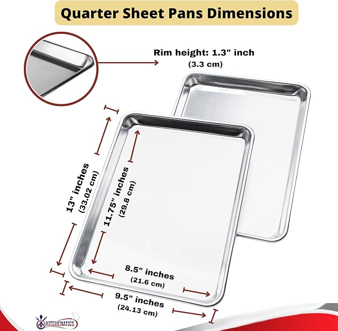KITCHENATICS Quarter Sheet Baking Pan Aluminum Nonstick Oven Safe Set 2 | Two quarter sheet pans sized for small convection ovens, small batches and everyday oven baking