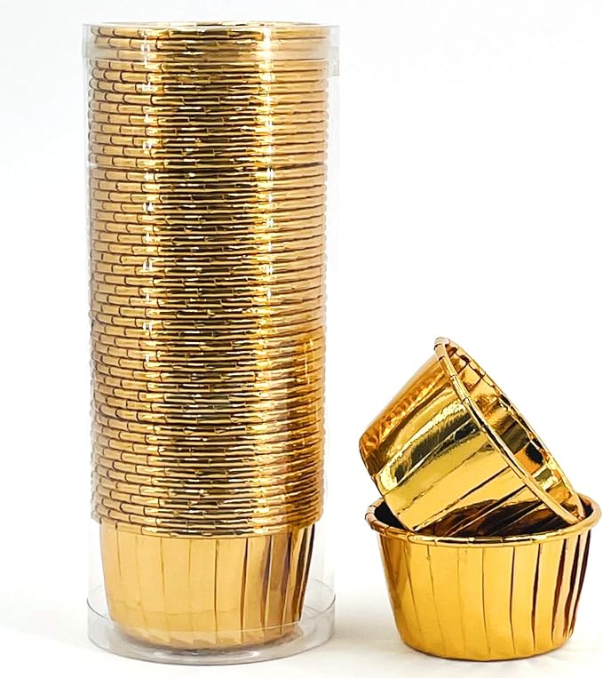 Party Hippo Cupcake Cups, 3.5 Oz 50 pcs Disposable Foil Muffin Liners, Gold Baking Cups, Ramekin Aluminum Cupcake Tip Pan Ramekin Holders, Little Baking Cups (50, Gold)