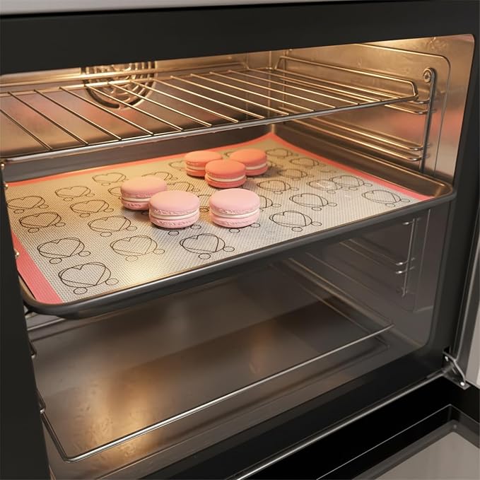 Silicone Macaron Baking Mat, 2 Pack, Non-Stick, Heart Pattern Template, 16.53 x 11.61 Inch, Pink Border, 0.7mm Thick, Professional Pastry Sheet