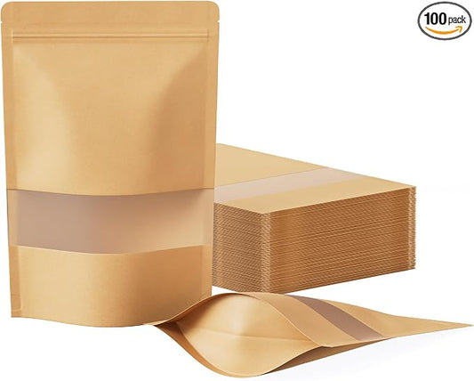 FireKylin 100 Pcs Resealable Bags, Paper Stand Up Pouches Bags with Matte Window for Small Businness, Zipper & Heat Sealable Treat Bags for Packaging(Inner Size 5.2" x 5.7"; Outer Size 5.9" x 8.6")