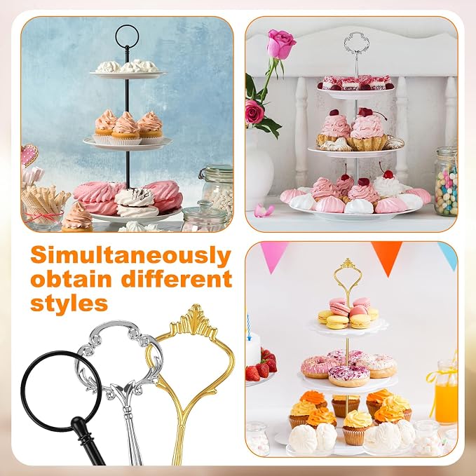 6 Sets 3 Tier Cake Stand Hardware Tiered Tray Plate Hardware Kit Heavy Metal Cake Fruit Food Plate Stand Fitting Stacking Kit for Serving Dessert Cupcake Dish Food(Cute,Black, Silver, Gold)