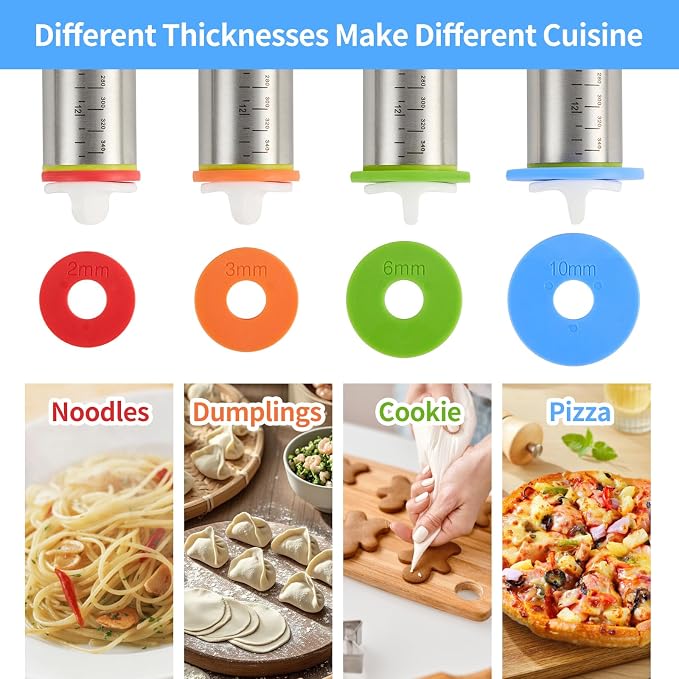 Adjustable Rolling Pin 17” with 4 Thickness Rings for Baking, Stainless Steel Dough Roller with Clear Measurement for Pizza, Fondant, Pie, Cookies, Baking Supplies, Pastry, Pasta