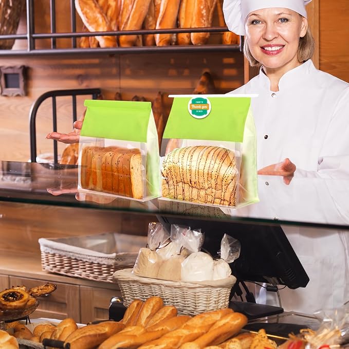 50 Pack Bakery Bags with Window - Large Reusable Cookie Bags With Seal Can Stand Upright Cookie Packaging Bag With Tin Tie Tab Lock Kraft Paper Bread Bags For Pastry,Donuts,Snacks（Green Large)