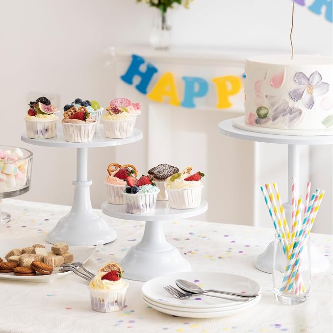 HBlife 3-PCS White Cake Stand Set (8"/10"/12" Plate) for 6-10 Inch Cakes, Perfect Dessert Table Display Set, Cupcake&Cake Stands for Party, Wedding, Birthday, Baby Shower, Anniversary (Metal)