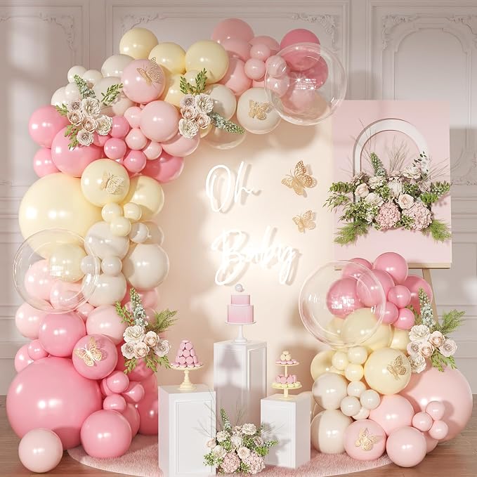 Pink and Yellow Balloon Arch Garland Kit 126Pcs Pastel Light Pink Sand White Balloons for Birthday Baby Shower Bridal Shower Wedding Bee Bear Party Decorations