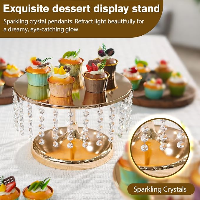 2 Pcs Gold Metal Mirror Cake Stand Set with Crystal Pendants - 11.8"W Elegant Dessert Table Display for Weddings, Birthday Parties, Baby Showers, Events - Sturdy Crystal Bling Cupcake Stands for Pastries, Sweets, Decorations