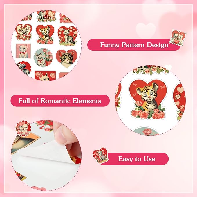 FaCraft 50PCS Love Stickers for Scrapbooking - Cute Animal Aesthetics Sticker for Phone Caps Luggage Envelope Laptop Water Bottles Boxes Cat Dog Valentines Stickers for Couples Adults Teens Kids Women