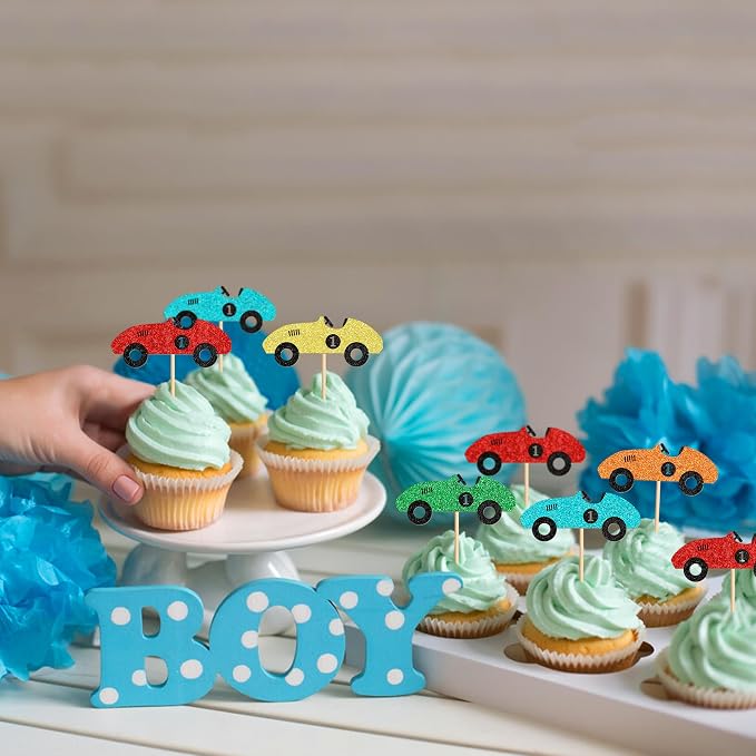 Ercadio 25 Pcs Colorful Race Cars Cupcake Toppers Cute Race Cars Cupake Picks for Racing Car Baby Shower Kids Funny Birthday Party Decoration Supplies