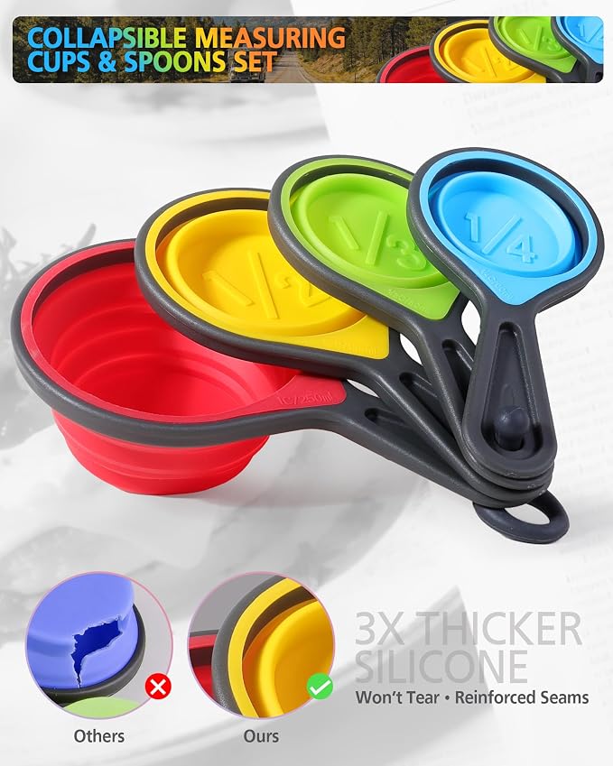 Measuring Cups and Spoons set, Collapsible Measuring Cups, 8 piece Measuring Tool Engraved Metric/US Markings for Liquid & Dry Measuring, Space Saving, BPA Free Silicone, Colorful