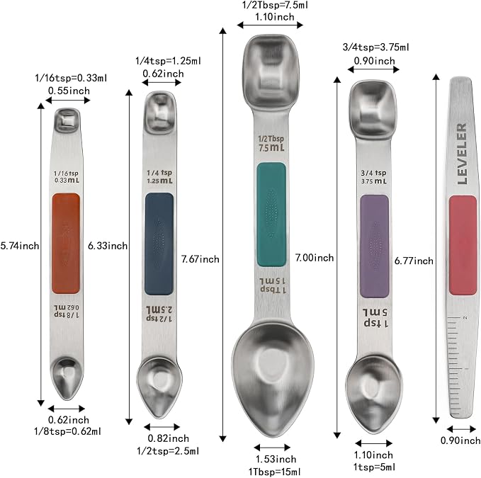 Magnetic Measuring Spoons Set Stainless Steel Double Sided Measuring Spoons with 1 Leveler Measuring Teaspoon Tablespoon for Dry and Liquid Ingredients (5, Multicolor)