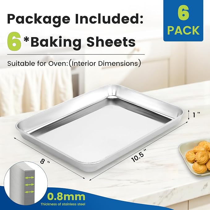 BIEAMA 6 Pack Stainless Steel Toaster Oven Baking Sheets, 10.5 x 8 in | Stainless steel pans with no chemical coating, mirror-polished finish and rolled edges; dishwasher safe, oven safe to 500°F.