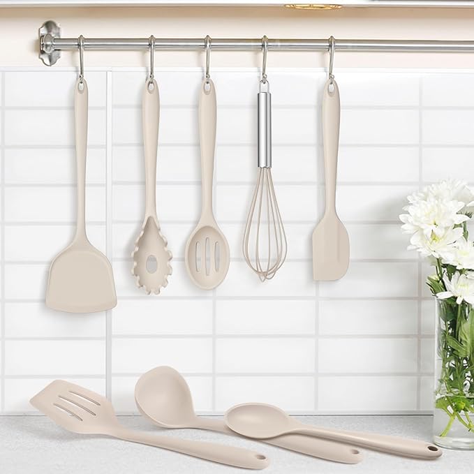 TeamFar Silicone Cooking Utensils Set, 8 PCS Kitchen Utensils Set, 446°F Heat Resistant, Turner, Spatula, Spoon, Whisk, Kitchen Cooking Gadgets Tools for Nonstick Cookware, Dishwasher Safe-Khaki