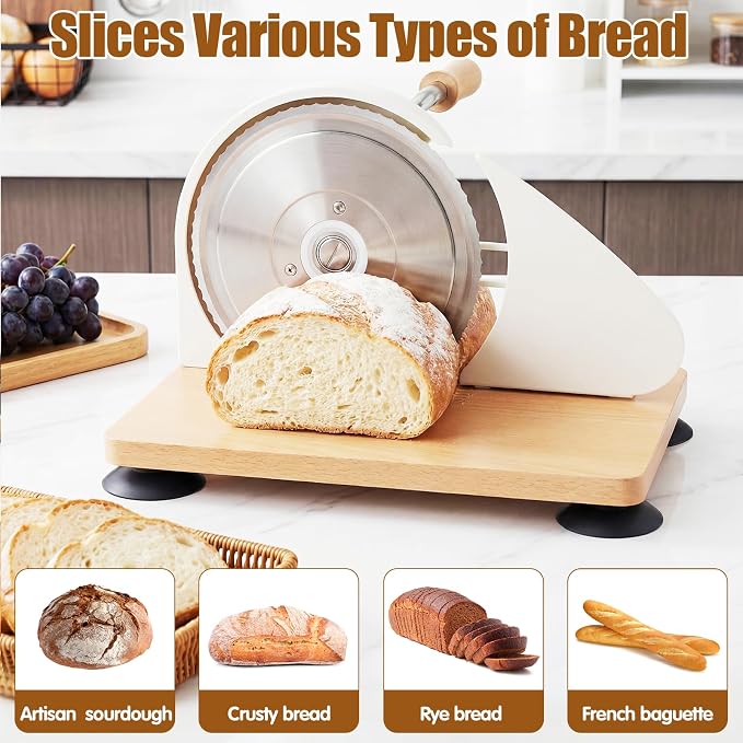 Manual Bread Slicer for Homemade Sourdough Bread, Adjustable Thickness & Evenly Slicing, Hand Crank Bread Slicer with Scale Line and Suction Cup, Serrated Blade Design, Patent White